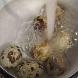залить горячие перепелиные яйца холодной водой